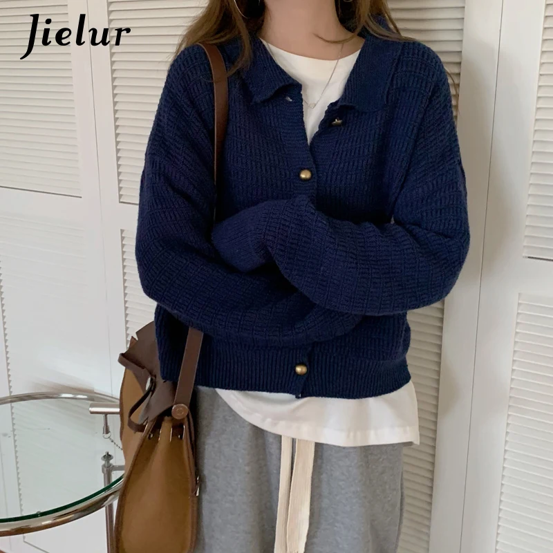 Jielur New Style Knitted Cardigan Female Loose Long Sleeve Women Sweater Jacket Single-breasted Navy Blue Apricot Sweaters