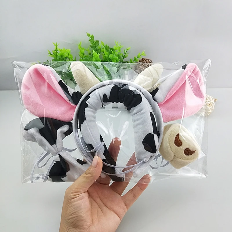 Toddler Kids 4Pcs Cartoon Animal Cosplay Costume Accessories Set Cow Horn Ears Headband with Plush Tail Bow Tie Nose Party M6CD