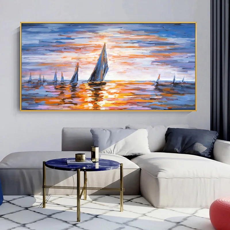 Classic Sailboat Oil Painting, Print on Canvas Wall Art Poster, Living Room Decoration, Sunset, Seascape, Home Decor
