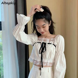 Shirts Women Solid Square Collar Korean Style Casual Short Long Sleeve Slim Patchwork Chic Bow Simple Trendy Elegant Lovely