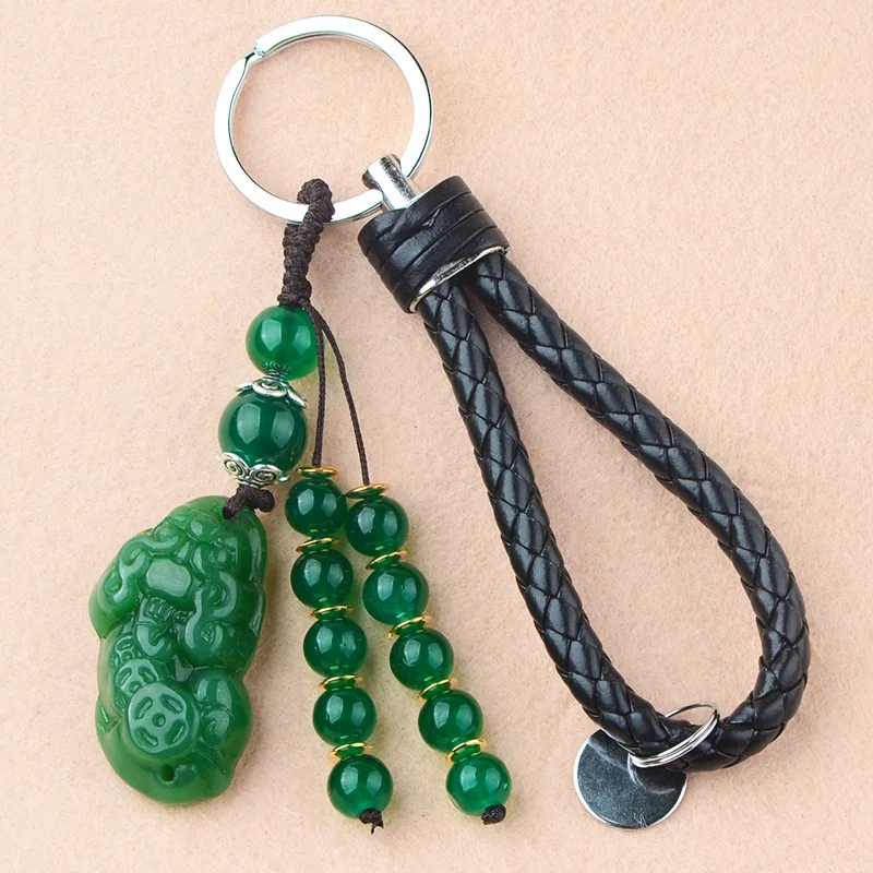 Natural Stone Luckly Pixiu Pendants Leather Car KeyChain Carved Jade Keychains Key Ring Key Holder For Men High Quality Gift