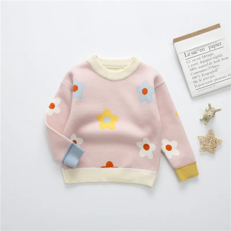 2024 Autumn Winter Girls Floral Knitted Sweater Baby Kids Thick Keep Warm Long Sleeve Tops Toddler Children\'s Pullover for Girls