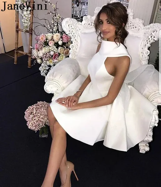 JaneVini-Vestidos cortos blancos de dama de honor de satén, línea A, Espalda descubierta, cuello alto, aplicación árabe, elegantes vestidos de invitados para bodas, hochzeit