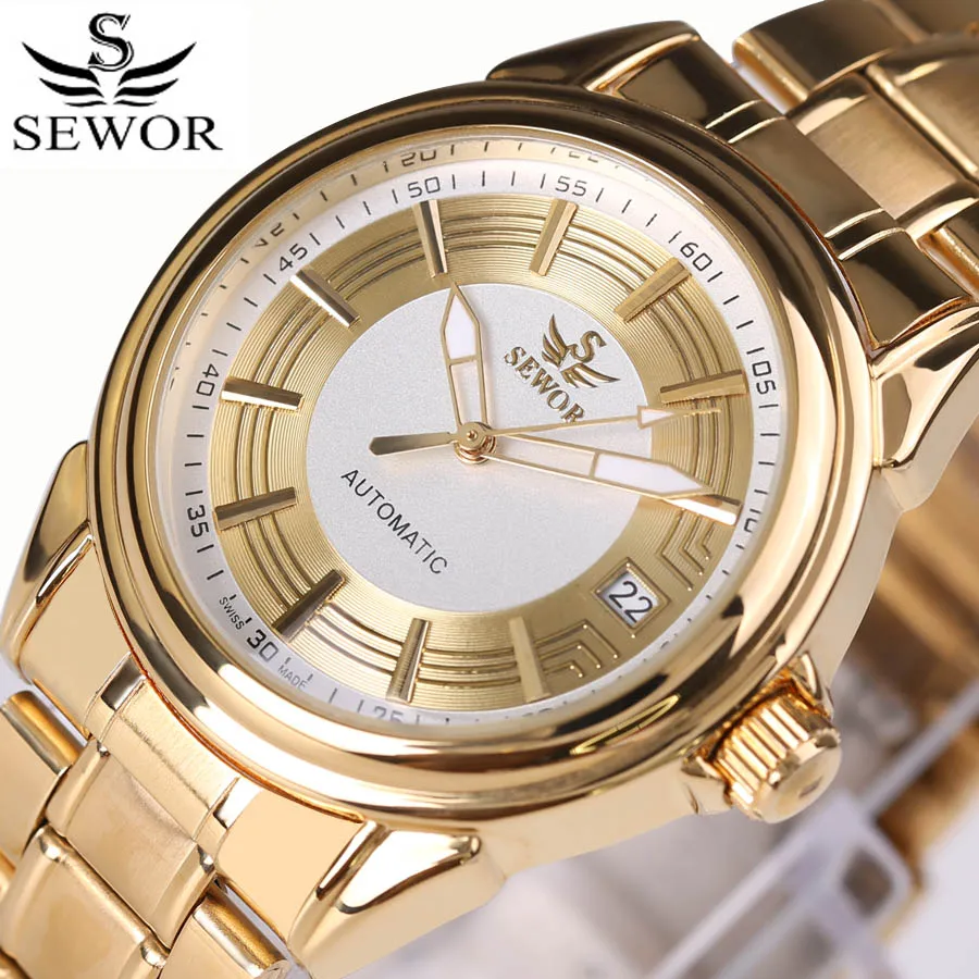 Sewor Watch Luxury Gold Mechanical Watches Men Luminous Hands Stainless Steel Band Auto Date Automatic Mechanical Wristwatches