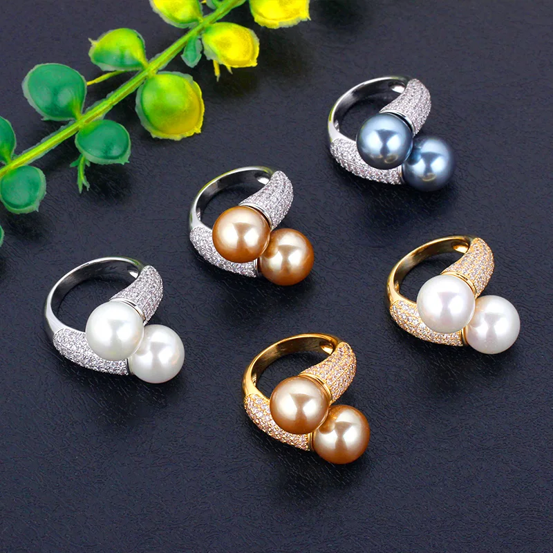 BrideTalk 2020 Trendy Round Pearl Statement Rings for Women Cubic Zircon Finger Rings Beads Charm Ring Bohemian Beach Jewelry