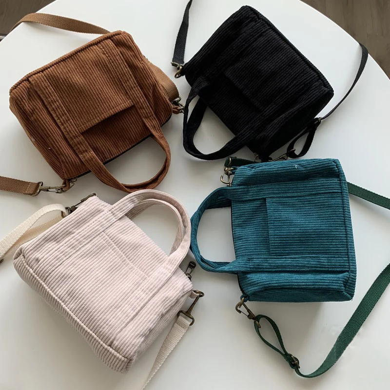 Corduroy Mini Tote Bag Girls Purses Handbags Autumn and Winter Shopper Interior Pocket with Zipper Crossbody Bags for Women 2023