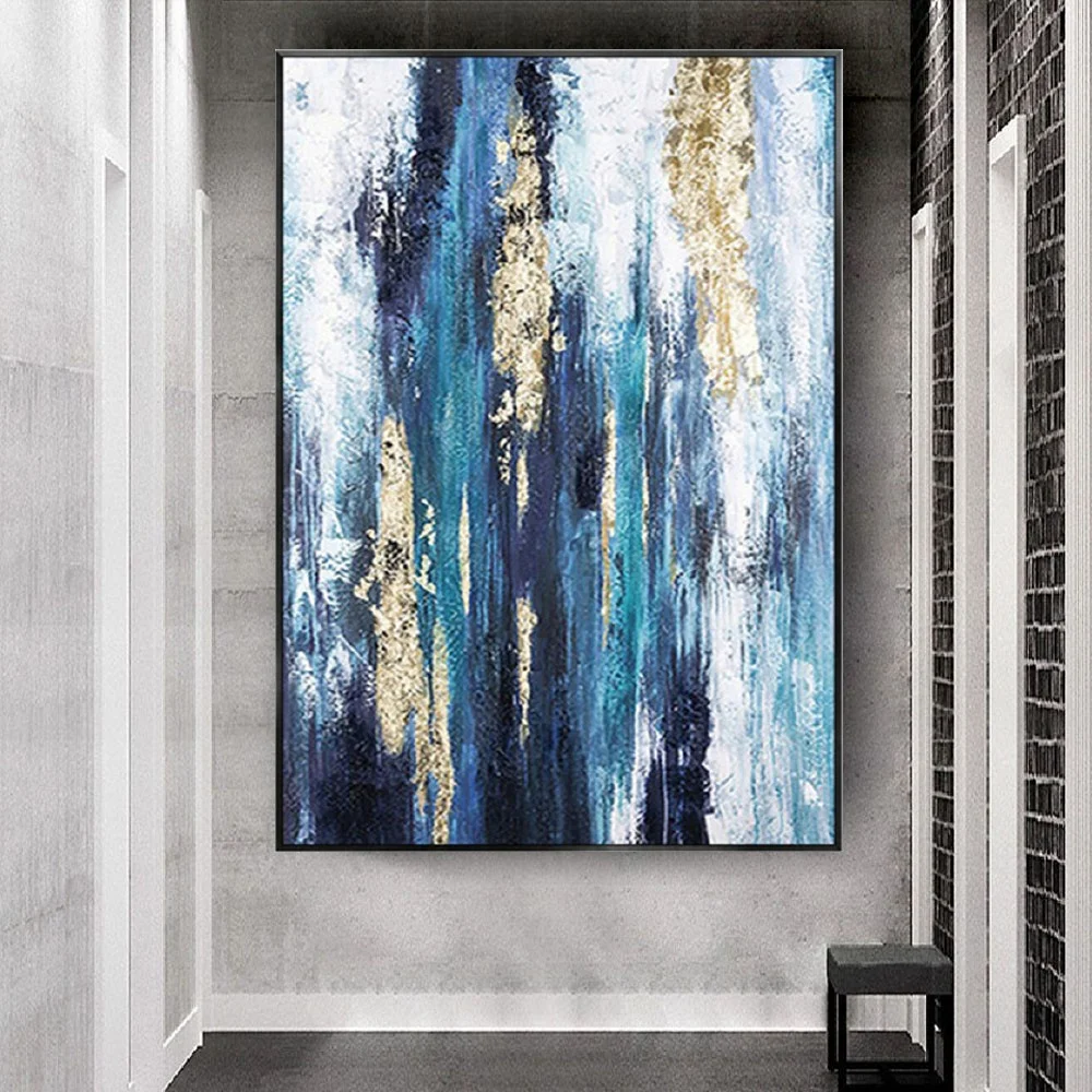 

Interior Canvas Deco Wall Art Handmade Oil Painting Blue And Gold Vertical Texture Hanging Picture For Parlour Hotel Home Decor