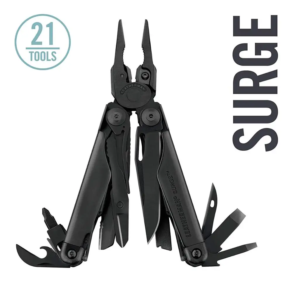 LEATHERMAN - Surge Heavy Duty Multitool with Premium Replaceable Wire Cutters and Spring-Action Scissors, Black/Silver with Prem