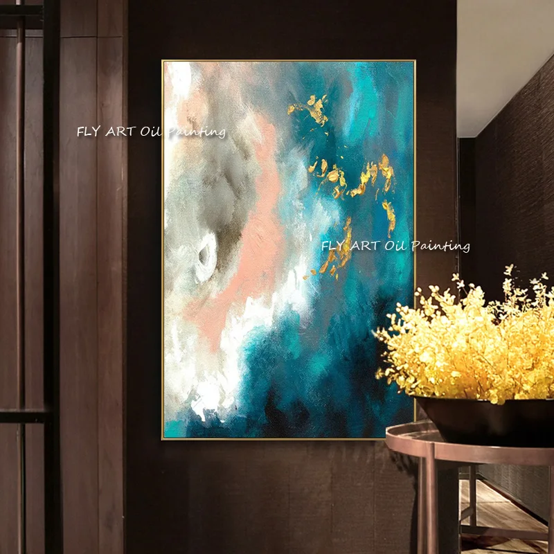 Modern Handmade Abstract Painting Gold Blue Oil Picture Draw By Skill Artist Home Decor For Living Room As Gift