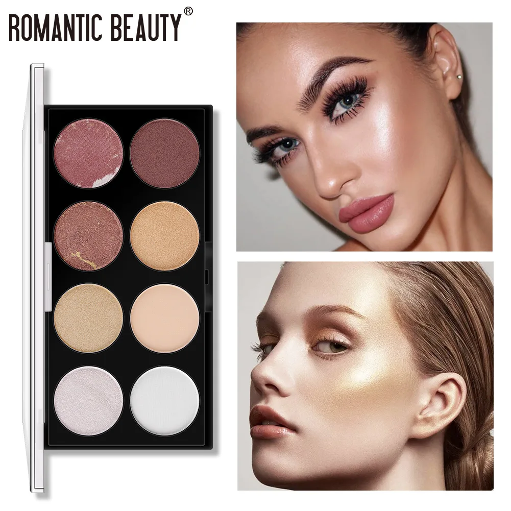 Paleta de belleza romántica 6 en 1, resaltador facial, colorete, maquillaje, abrillantador facial, paleta de polvo, bronceador dorado