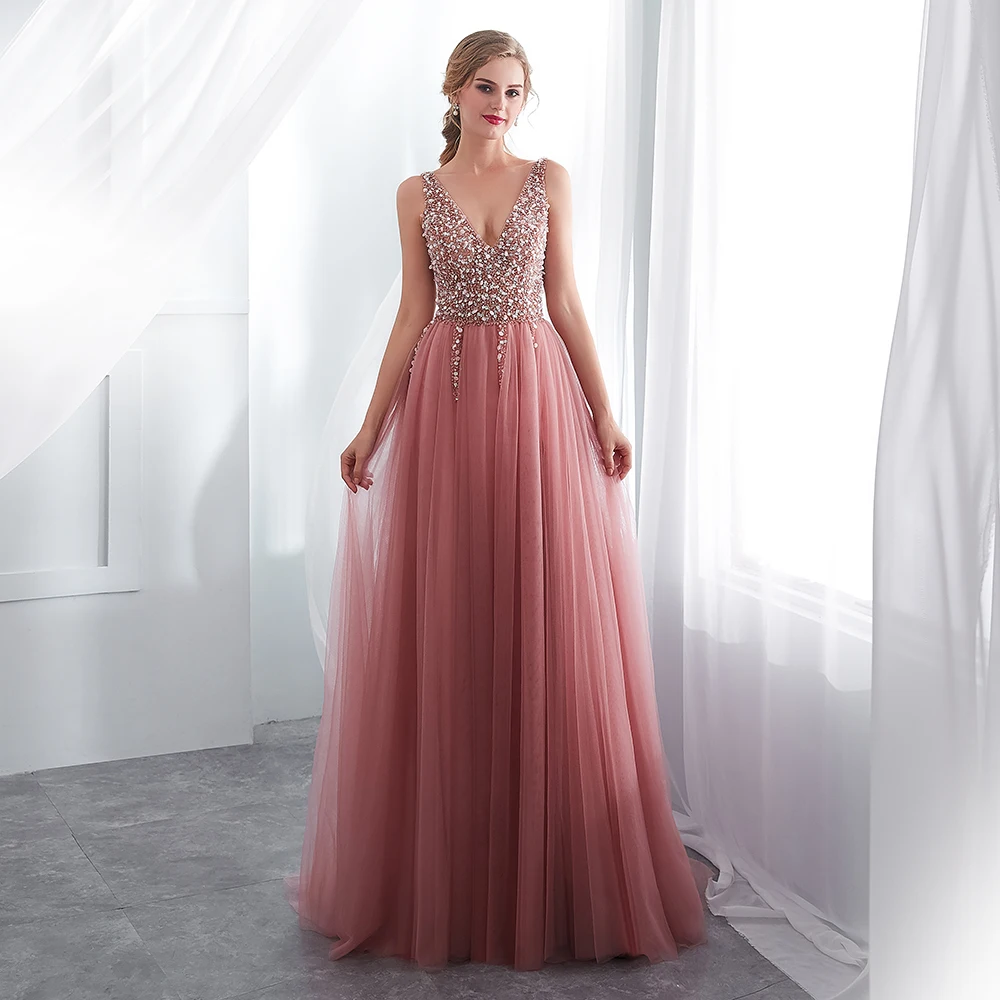 

Beading Evening Dress 2023 V-Neck Pink High Split Tulle Sweep Train Floor Length Sleeveless Prom Gown A-line Lace Up Backless