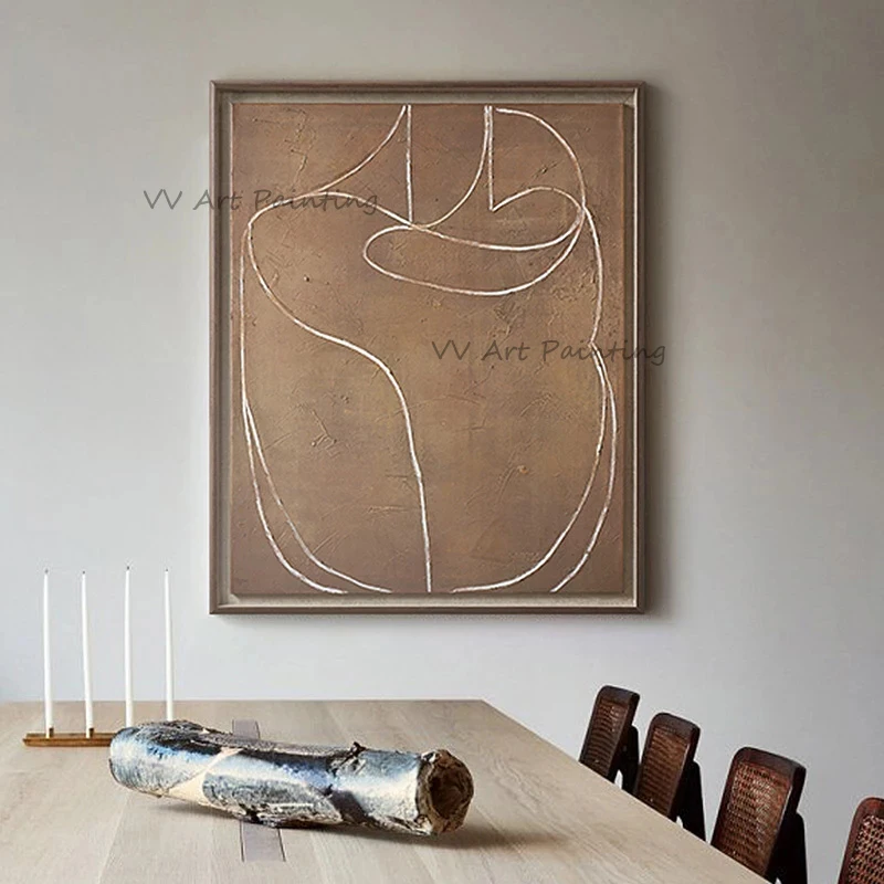 Handmade Minimalist Abstract Line Oil Painting Textured Brown Canvas Wall Art Modern Neutral Home Decor For Living Room Office