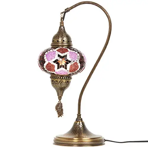 New LaModaHome Stunning Handmade Turkish Moroccan Mosaic Glass Table Desk Bedside Lamp Light with Bronze Base Purple