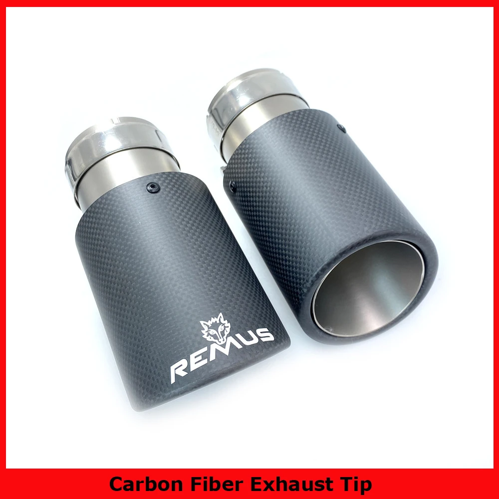 1PCS Car Exhaust Tail Pipe Curly Matt Carbon Fiber Sandblasting Stainless Steel Straight Flange Muffler Tip With Remus Logo