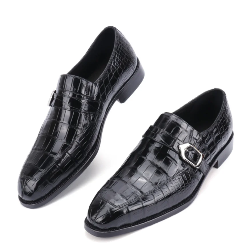 Sipriks Mens Casual Leather Shoes Black Crocodile Skin Single Monk Strap Italian Goodyear Welted Shoes Slip on Wedding Dress 44