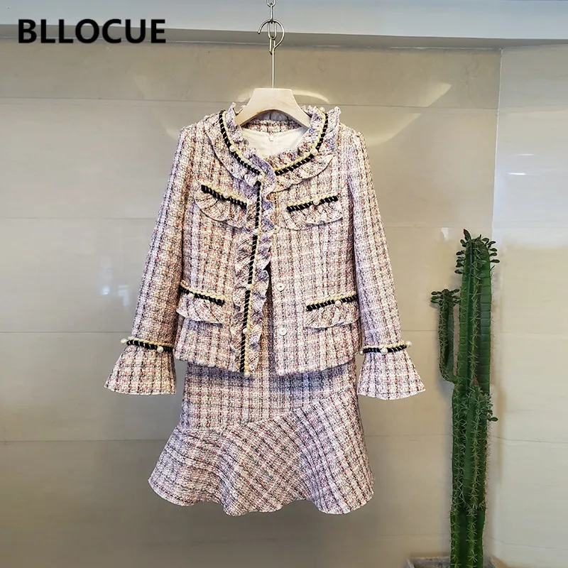 

BLLOCUE High Quality Winter Women Plaid Tweed 2 Piece Set Dress Pearls Splice Ruffles Wool Jacket Coat+Fish Tail Mini Skirt Suit