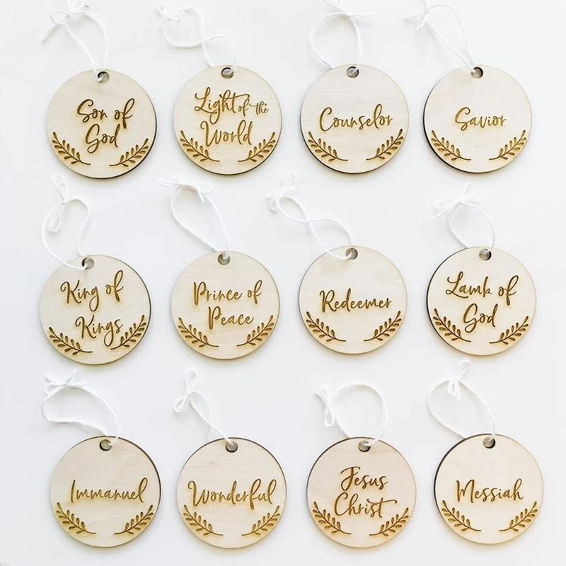 

set of 12pcs laser engraved name jesus christ pendant wood nativity ornament christmas tree decoration