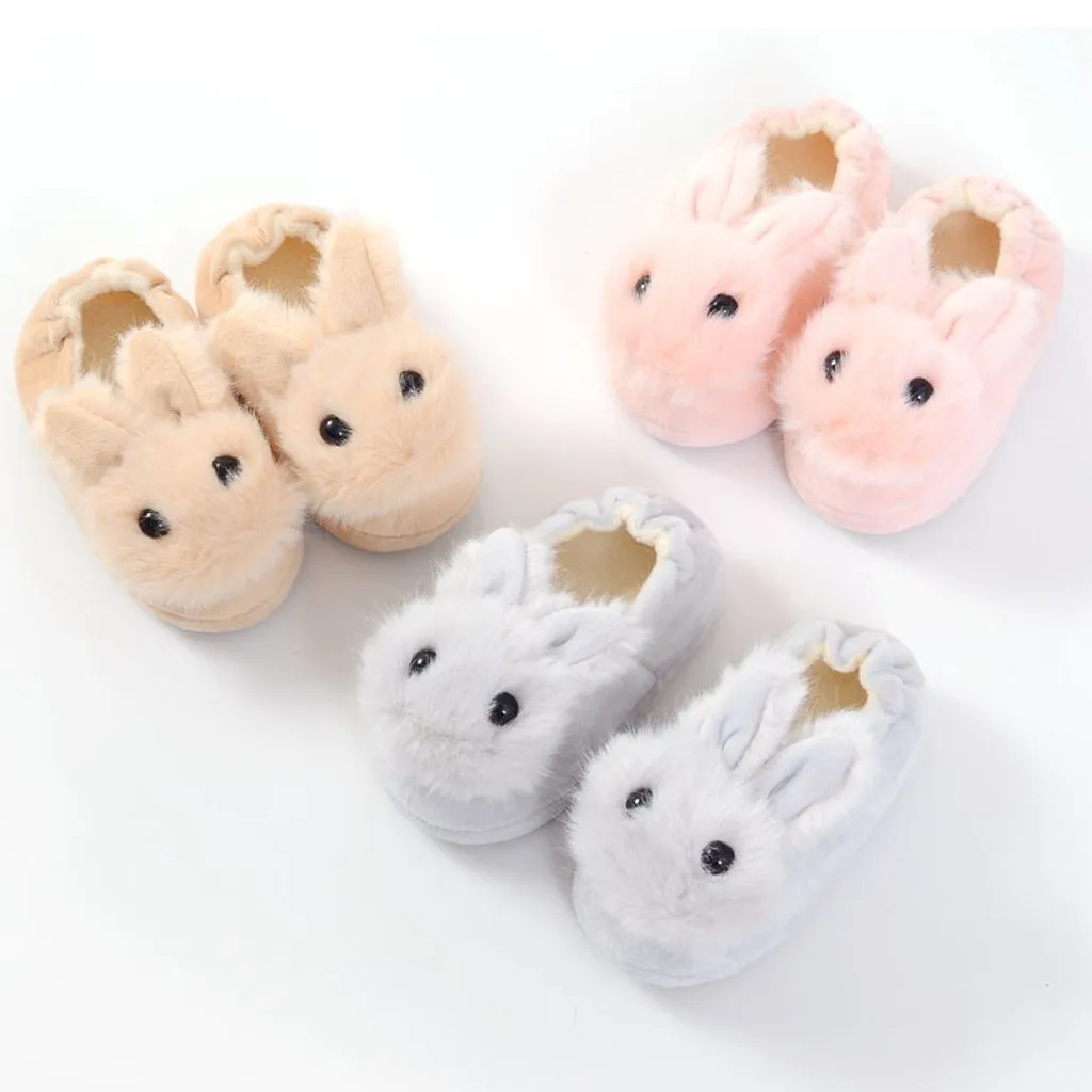 2-9Y Winter Kids Cute Cotton Slippers Children\'s Warm Non-slip Baby Girls Cartoon Plush Rabbit Cotton Slippers