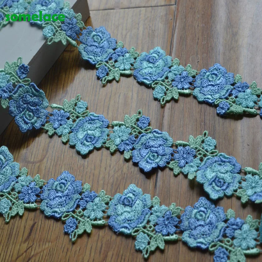 3Yds 5cm Wide Blue Green Mixed Floral Venise Lace Trim with Design for Wedding Bridal,Garment Decoration2020041111