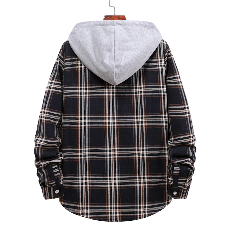 Korean Streetwear Hooded Oversize Shirts Men Women Casual Plaid Printed Long Sleeve Shirt Fashion Hip Hop Workwear Chemise Homme