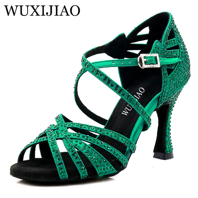 WUXIJIAO-zapatos de baile con diamantes de imitación para mujer, calzado de salón, jazz, color verde