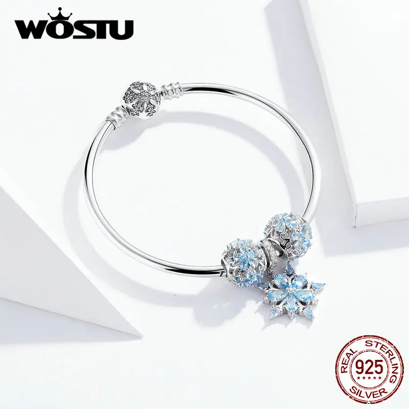 WOSTU 100% Real 925 Sterling Silver White Snow Beads Charms Original Bracelet & Bangle Fine Jewelry Gift For Women