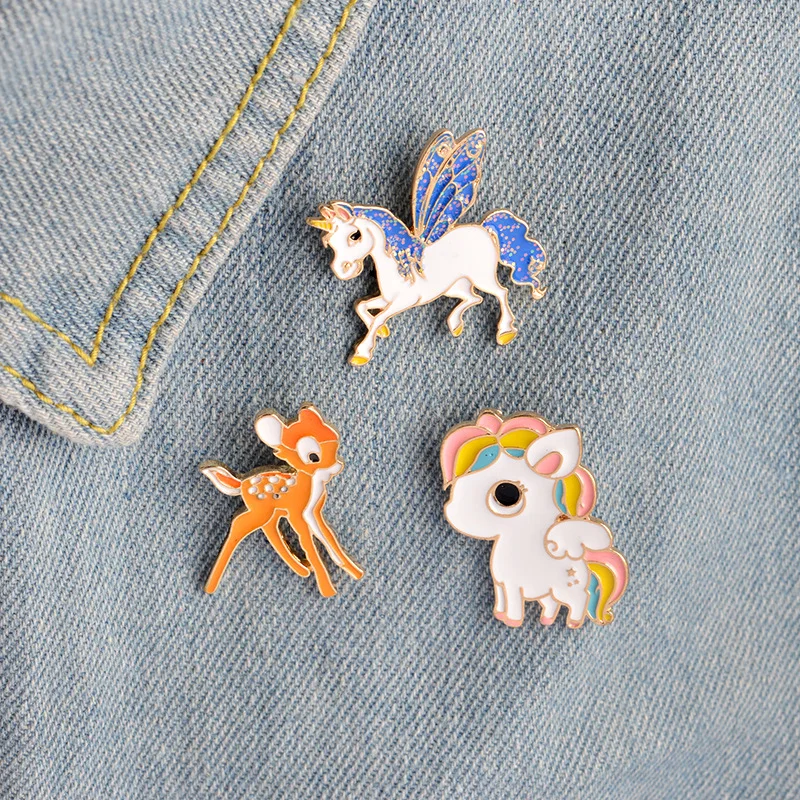 The New 3 Style Enamel Pony Horse Unicorn Deer Brooch Pin Button Jacket Collar Badge For Women Men Child Cartoon Animal Jewelry