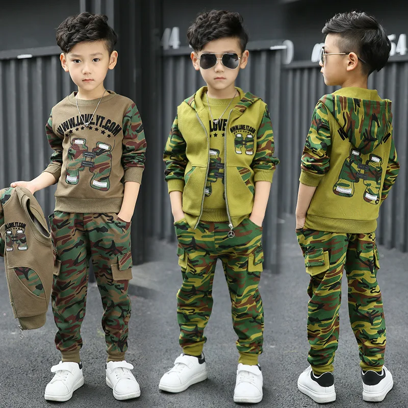 

Boys Camouflage Tracksuit Clothes Set Spring Autumn Hoodies T-shirt + Vest + Pants Children Suit Outfits 4 6 8 9 10 12 14 Years