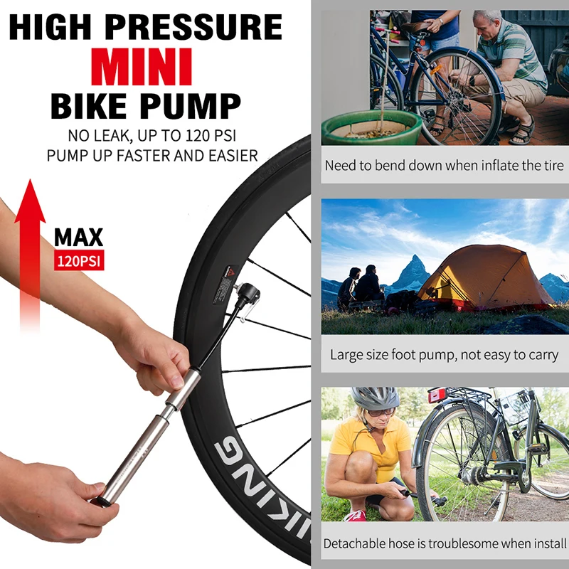 WEST BIKING Bike Pump Hose 120PSI Mountain Cycling Tire Inflator Schrader Presta Valve Aluminum Alloy Portable Mini Bicycle Pump