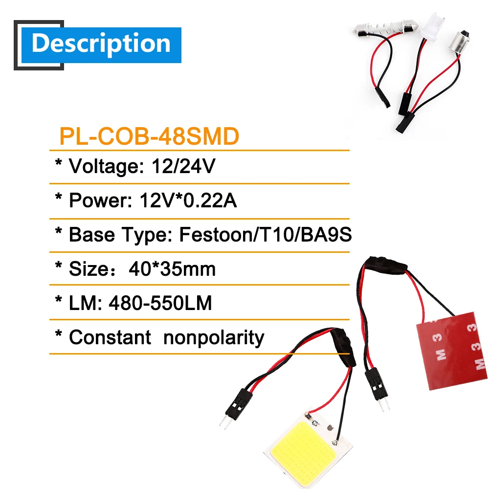 50X DC12/24V COB 48 SMD Interior Panel Light Truck Car Reading Map Roof Light led Dome Bulb Interior BA9S T10 Festoon 3 Adapter