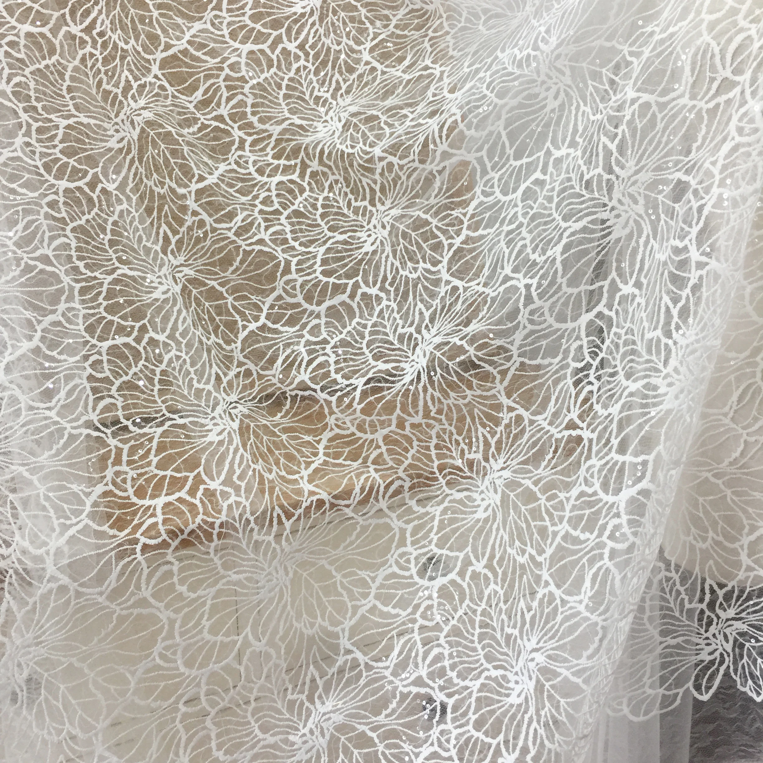 Off White Allover Rose Flowers Lace Fabric Sequined Shiny 1 Yard Milk Silk Embroidey Women Dress Lace Clothing DIY Lace Fabric