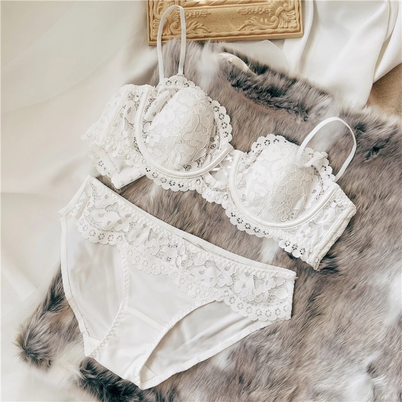 Wriufred Bra Sexy Lace Lingerie Panty Ultra-thin Anti-bump Soft Steel Ring Big Breast Gathering Bralette Girl Underwear Set Cute