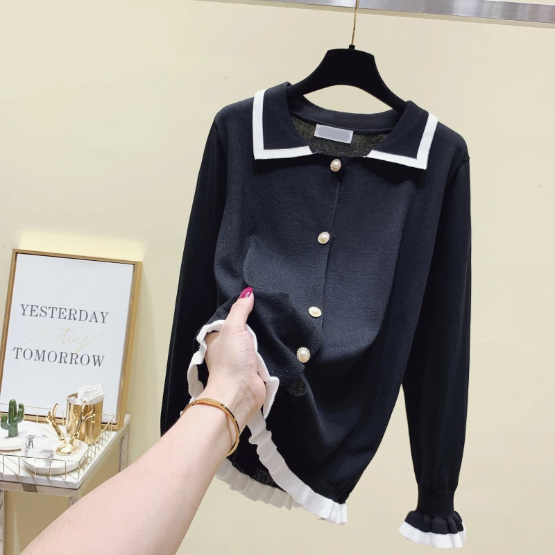 2021 Autumn Winter Cardigan Ruffle Sweater Casual Simple Long Sleeve Turndown Collar Jumpers and Bottom Outerwear Top