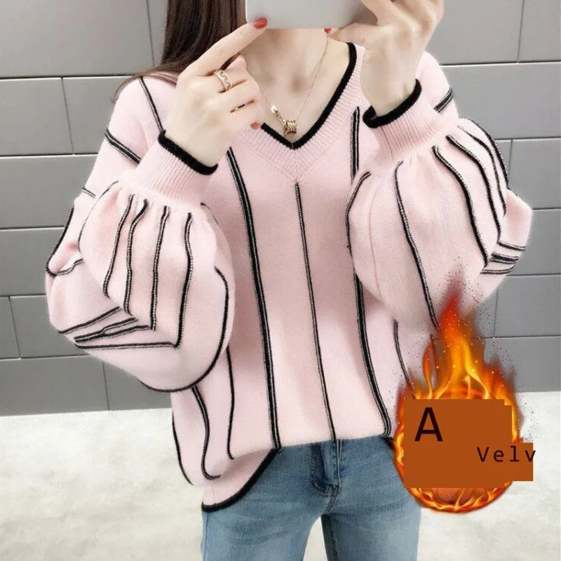 

V-neck Knitted Sweater Women Loose Simple Fashion Pullover Long Sleeve Soft HarajukuPreppy Style Knitted Chic Sweater New