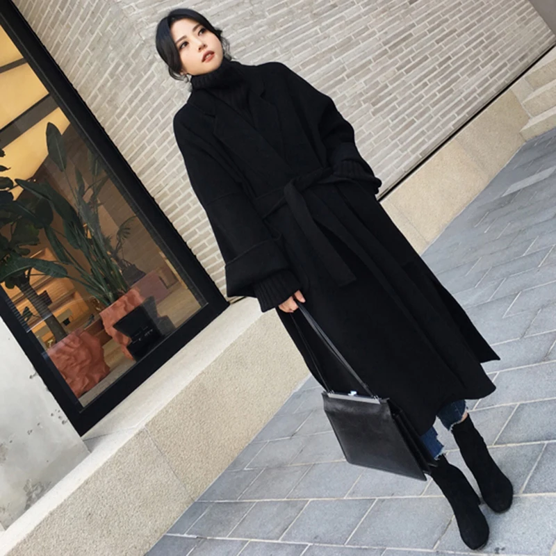 Novel Spring Cashmere Coat Winter Silhouette Black Woolen Long Jacket Overize Loose Over Knee  Jacket Women