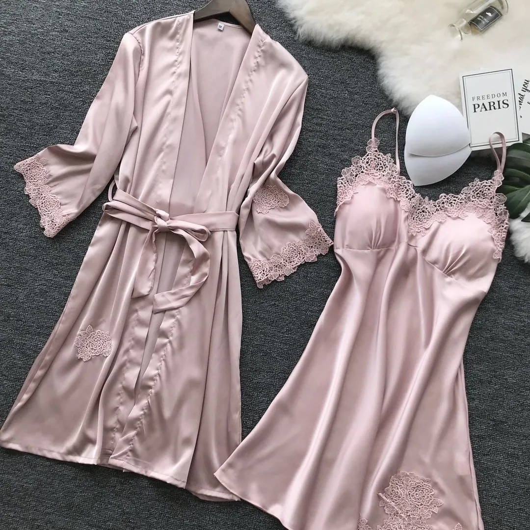 Lisacmvpnel Lace Sexy Women Robe Set V-Neck With Chest Pad Nightdress Cardigan Set Nightwear