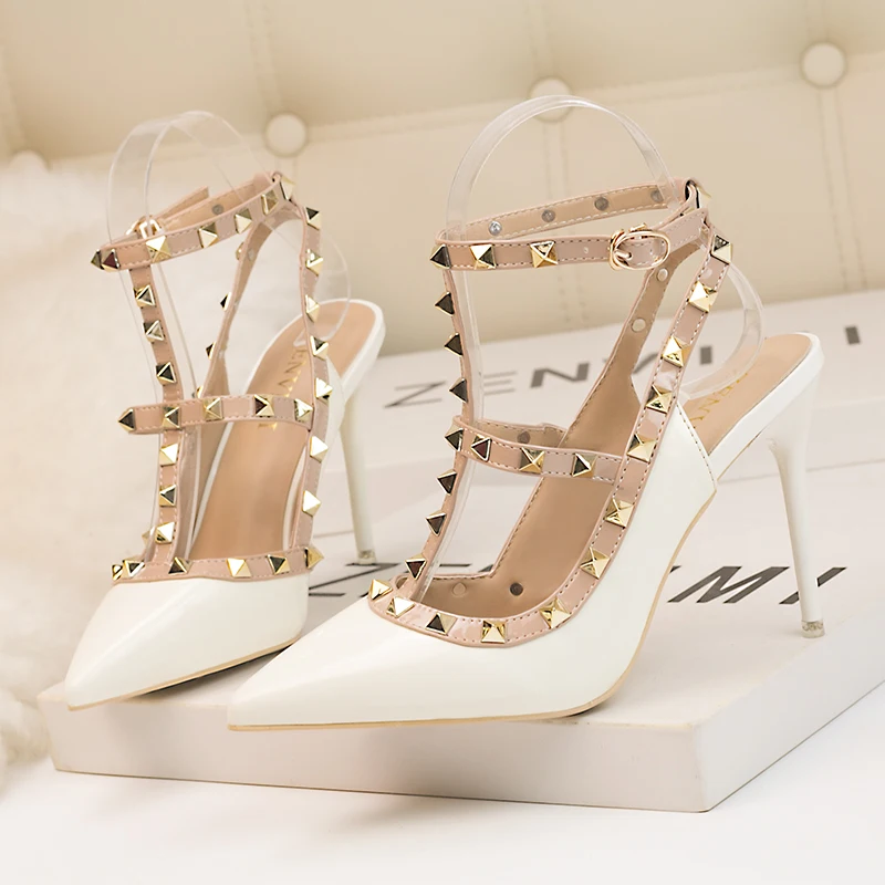 Women's Shoes Rivets Sandals Female Summer 10CM Thick With Fine With High-heeled Shoes Pointed Stiletto Sexy Nightclub Shoes