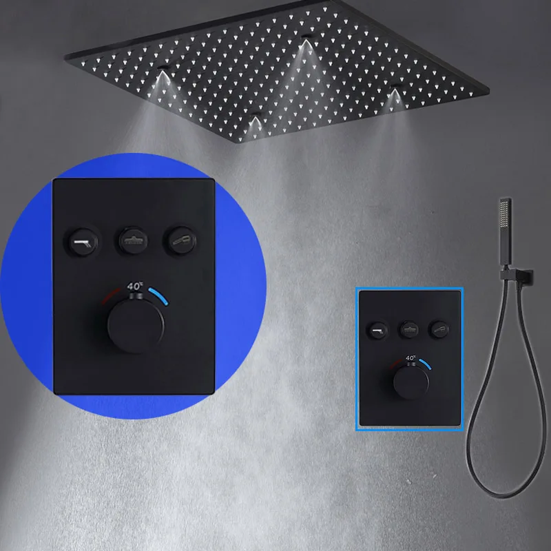 

Button Control Shower Set 3 Way Rainfall Spray Mist Bathroom Faucet Mixer Thermostatic Rain Shower Roof Black SUS Showerhead 20"