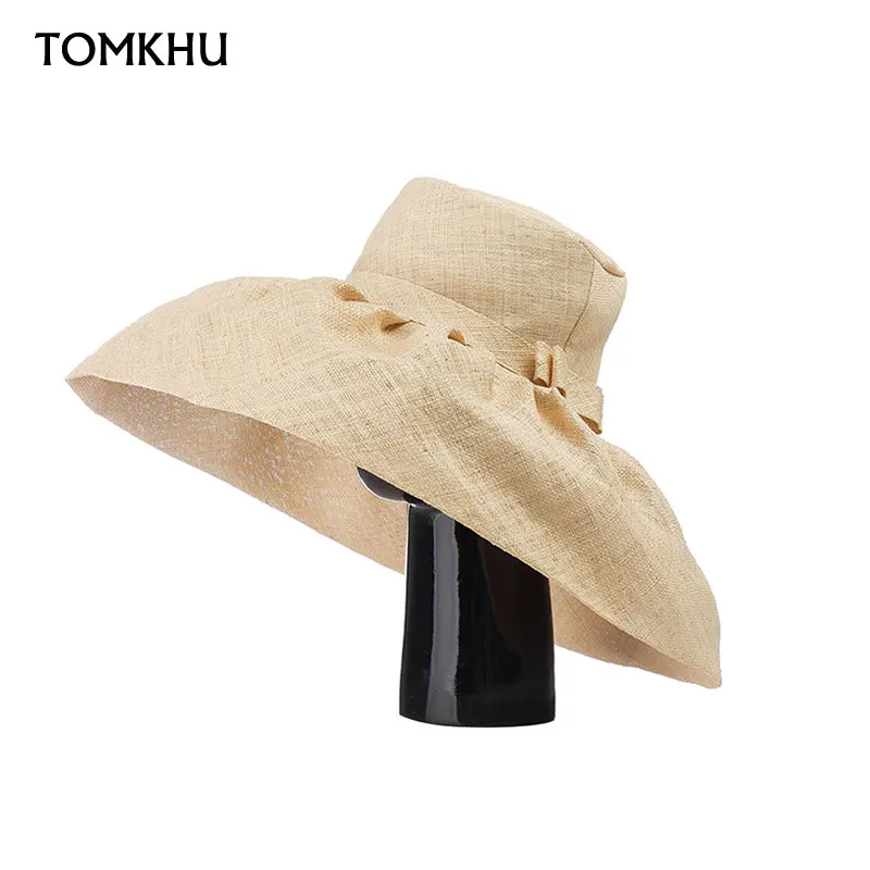 European American Retro Hepburn Style High Quality Raffia Fabric Wide Brim Bow Top Hat Fedora Catwalk Fashion Dinner Beach Hat