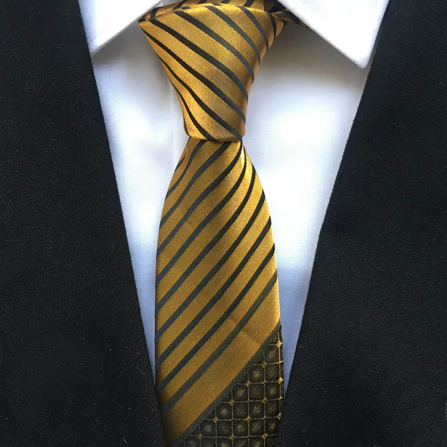 Men's Ties Novelty Panel Neck Tie Luxury Golden Stripes with Checkerered Pattern Cravat Neckties