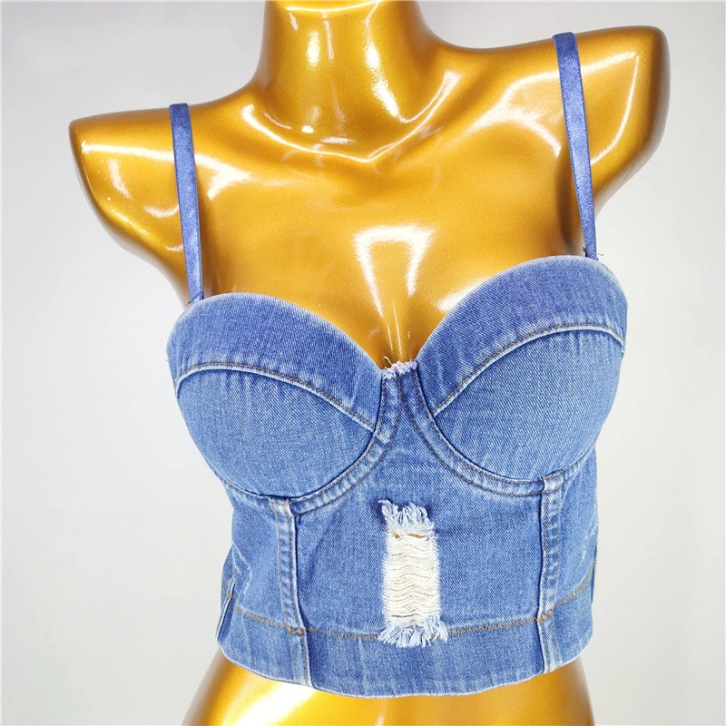 Cupnaya Women Distressed Denim Blue Crop Top Summer Sexy Ladies Spaghatti Strap Bustier Bralette Inner Cami Size 34 36 38 40