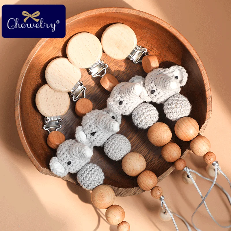 1PC Baby Pacifier Chain Elephant Wooden Clip Geometric Crochet Beads Bag Wood Teether Tiny Rod Dummy Clips Baby Pacifier Holder