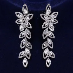 Ekopdee Classic Vintage Flower Zircon Drop Earrings For Women Fashion Bling Leaf CZ Crystal Earring Bridal Wedding Party Jewelry