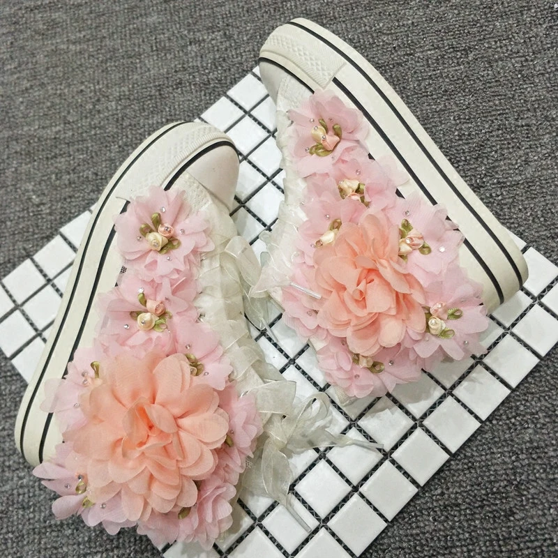 Handmade New Flower Canvas Shoes for Women Rhinestones Pink Lace Flower Students Lady Casual Shoes White Platform Sneakers