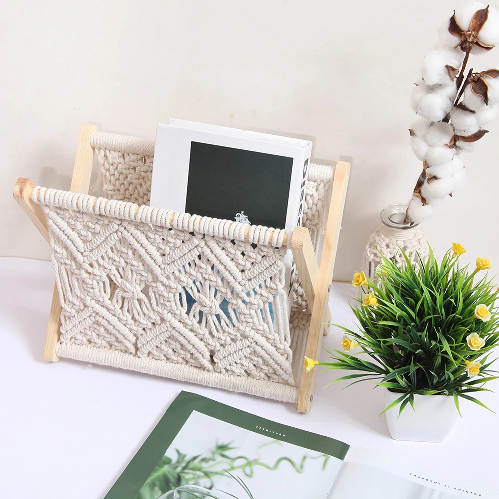 MacrameRack Small Boho Books Newspapers Holder Organizer Table Desktop Storage Rack Supplies Container