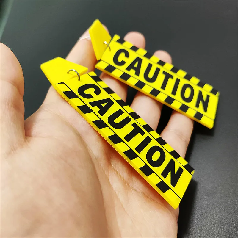 KUGUYS CAUTION Card Long Drop Earrings for Women HipHop Rock Punk Jewelry Accessories Acrylic Letters Festival Art Dancer Yellow