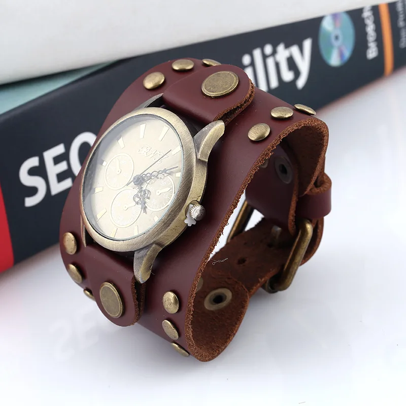 Retro Men Watches New Relojes Trend Style Decoration Wristwatch Male Punk Rock Brown Big Wide Leather Bracelet Cuff Men Watch