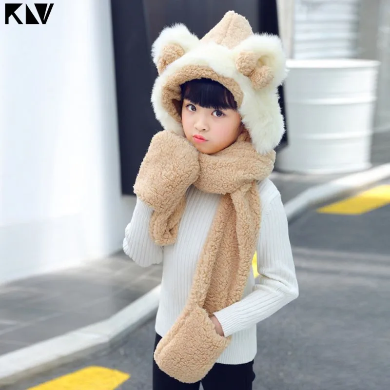 KLV Kids 3 In 1 Warm Plush Winter Hat Cute Bowknot Bear Ears Scarf Gloves Hoodie Cap