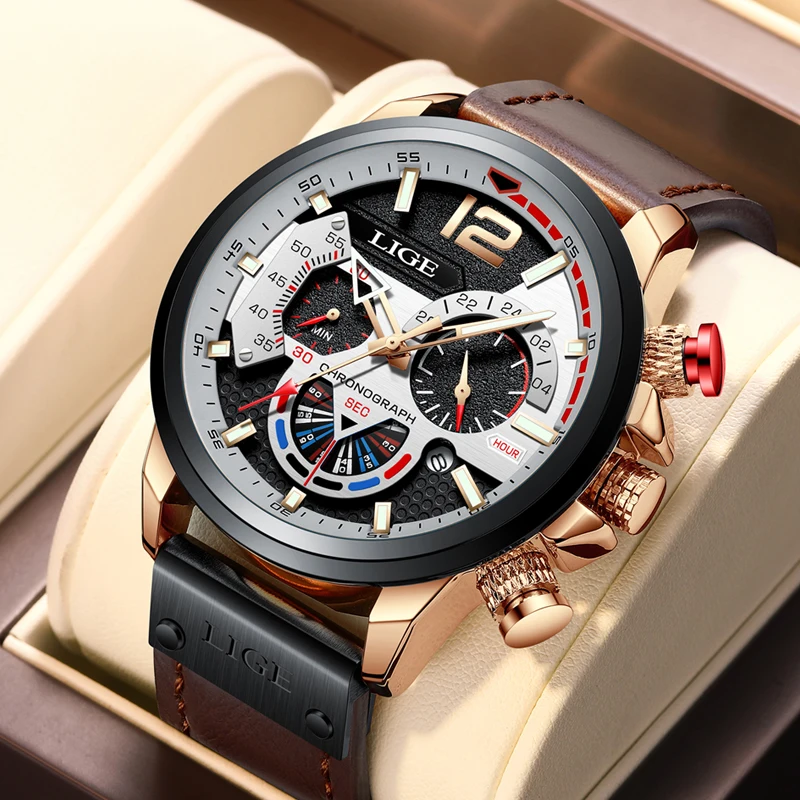 

LIGE Men's Watch Leather Sport Watch for Men Top Brand Luxury Fashion Chronograph Quartz Waterproof Clocks Relogio Masculino+Box