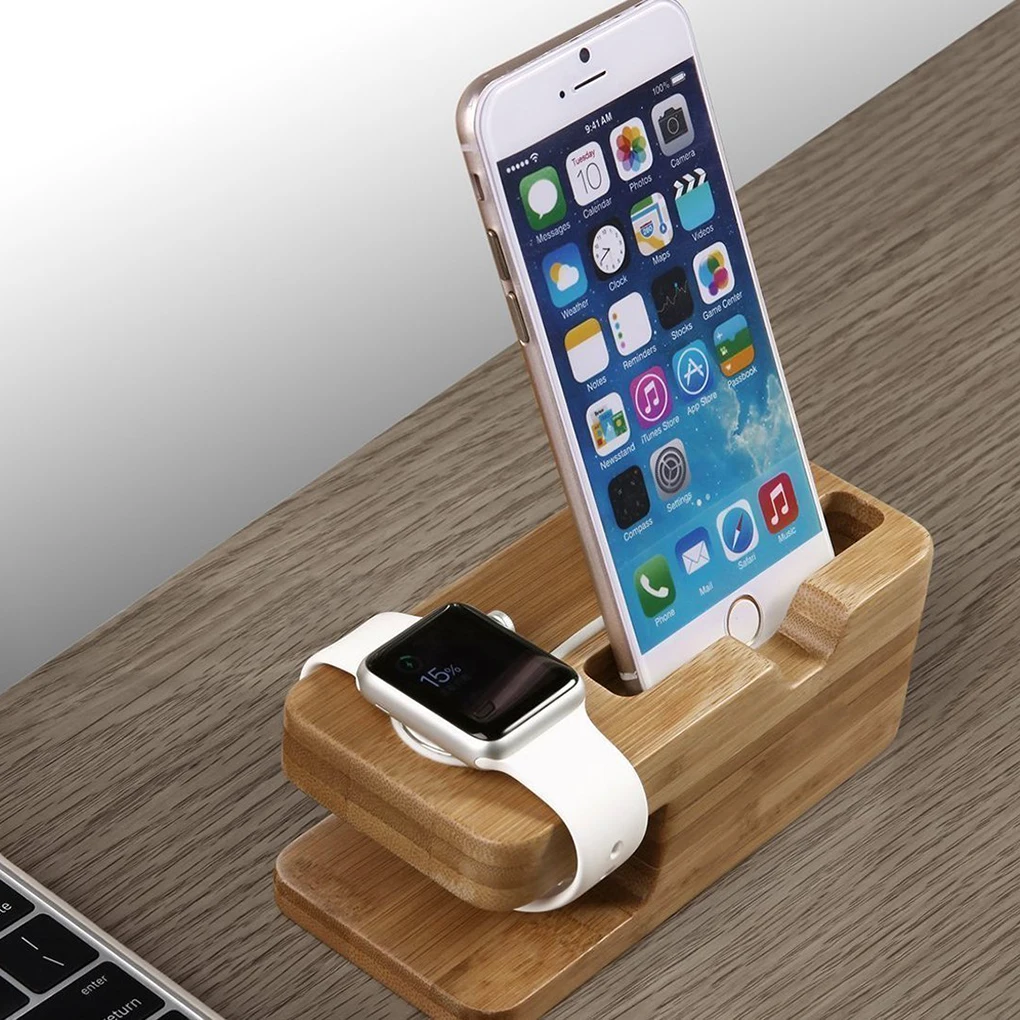 2 in 1 Phone Stand Charging Bracket Holder Bamboo Wood Charger Dock for iWatch for iPhone